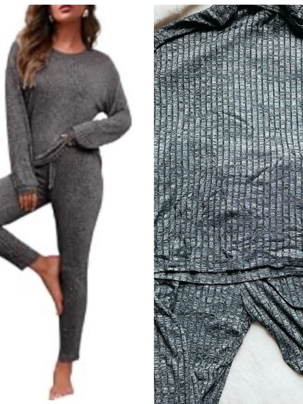 Amazon Women's Ribbed Lounge Pajama Set - Gray
